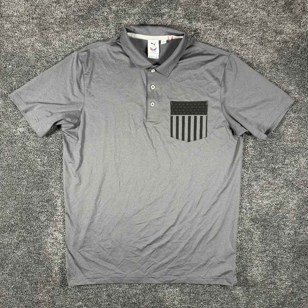 Puma Volition America Polo Shirt Mens M Gray Golf Short Sleeve Pocket Patriotic